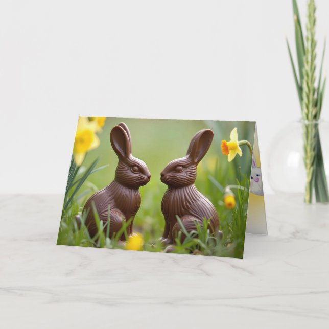 Carte Chocolat Lapins De Pâques Avec Daffodiques (Devant)