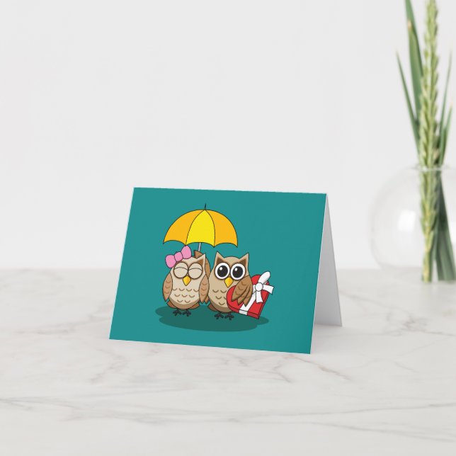 Carte Chouette Amateurs avec parapluie et boîte de choco (Devant)