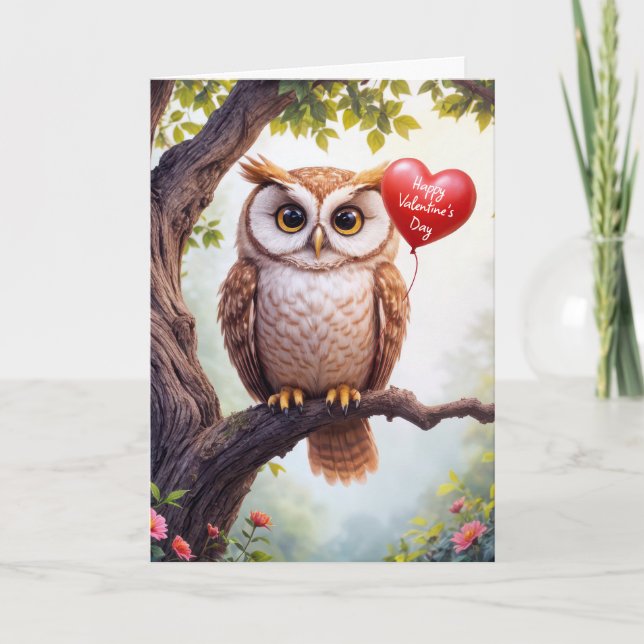 Carte Chouette de la Saint-Valentin avec ballon de coeur (Devant)