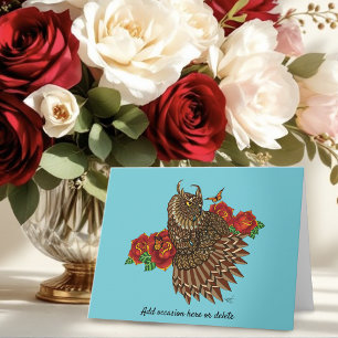 Carte Chouette des Roses rouges bleu