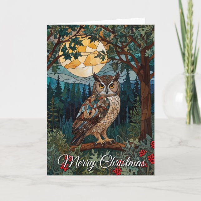 Carte Chouette en verre de Noël élégante forêt boisée (Devant)