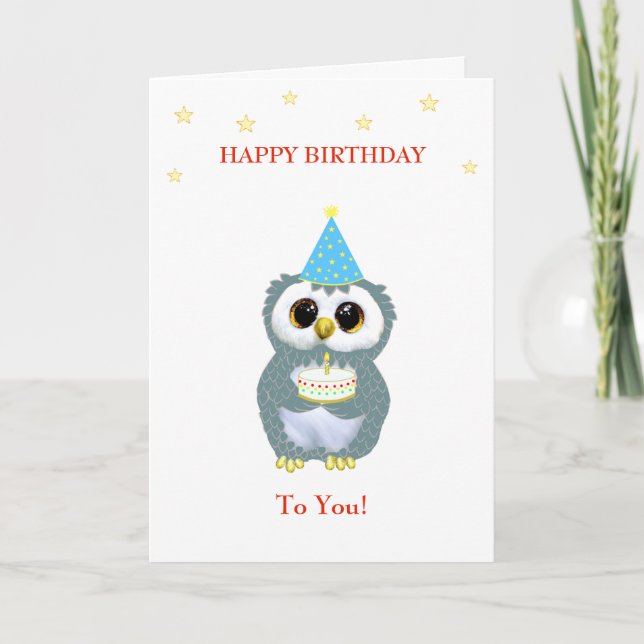 Carte Chouette mignonne avec gâteau d'anniversaire et ét (Devant)