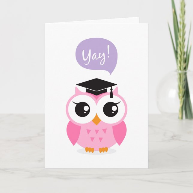 Carte Chouette rose avec graduation casquette félicitati (Devant)