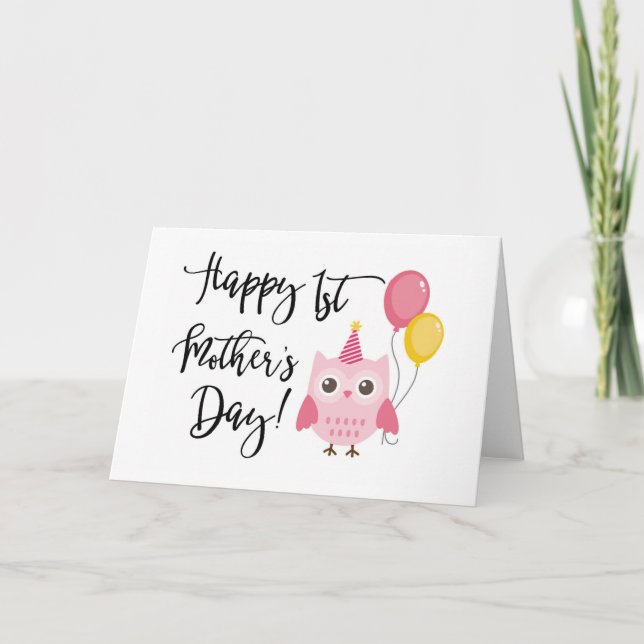 Carte Chouette rose mignonne Bonne 1ère fête des mères (Devant)