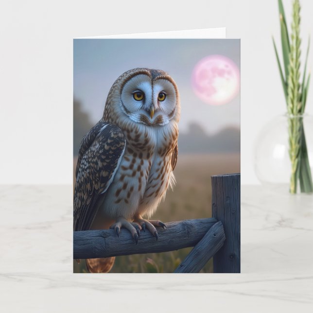 Carte Chouette sur une clôture avec lune rose (Devant)