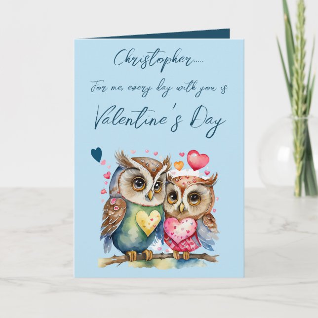 Carte Chouettes mignonnes nom personnalisé bleu Saint Va (Devant)