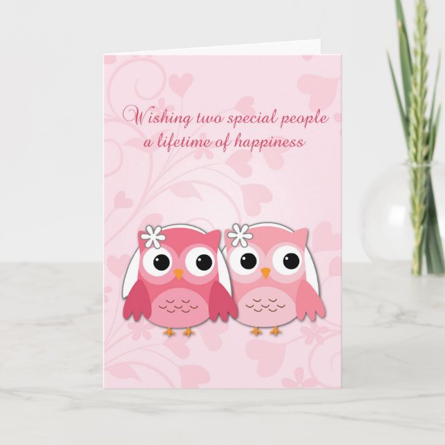 Carte Chouettes roses, frissons et coeurs, Mariage lesbi (Devant)