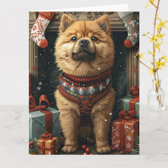 Carte Chow Chien Chow avec cadeaux de Noël cheminée (Fleur jaune)
