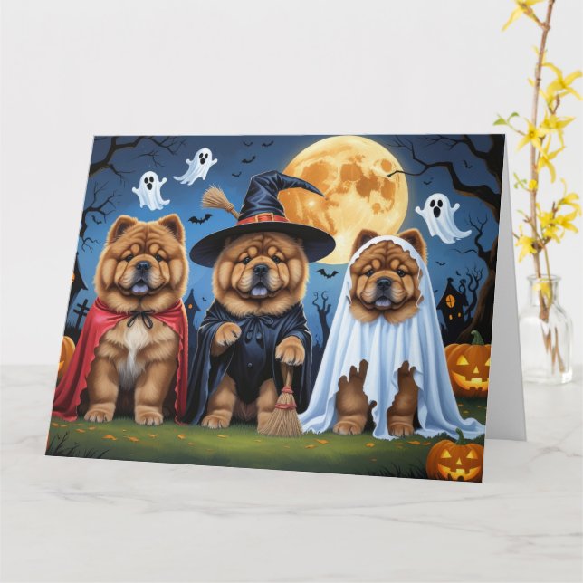 Carte Chow Chow Chien Citrouille Halloween drôle (Fleur jaune)