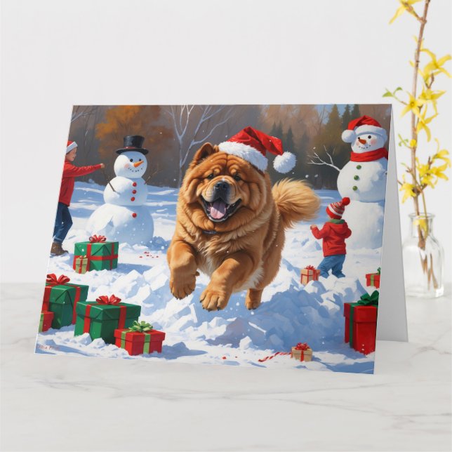 Carte Chow Chow coule en neige avec le Casquette de Noël (Fleur jaune)