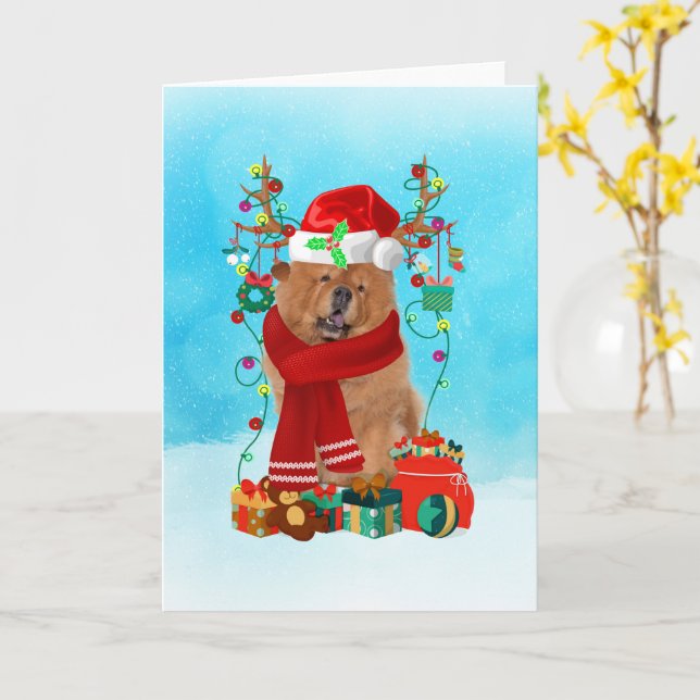 Carte Chow Chow dans la neige avec cadeaux de Noël (Fleur jaune)