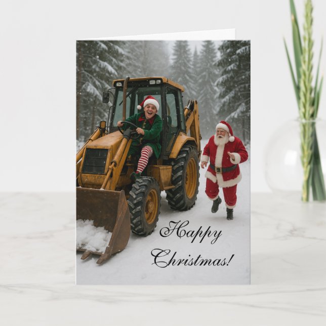 Carte Christmas card -  Elf stealing Santa's digger  (Devant)