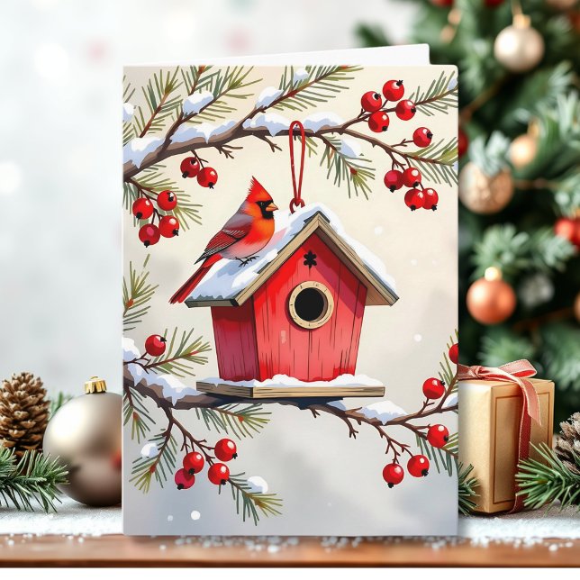 Carte Christmas Cardinal Birdhouse snowy pine branch  (Créateur téléchargé)