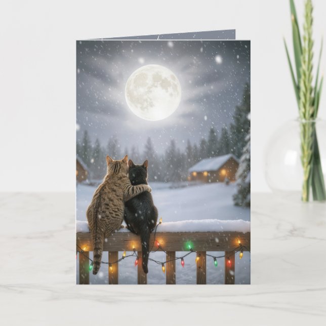 Carte Christmas Cats Cuddling On a Snowy Fence (Devant)
