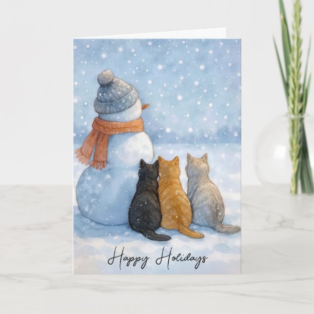 Carte Christmas Cats Sitting With a Snowman In a Field (Devant)