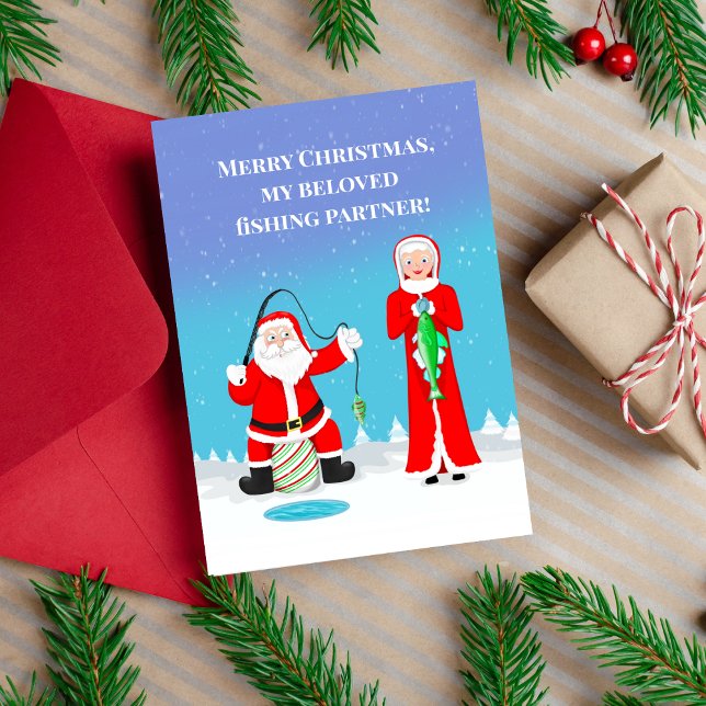 Carte Christmas Couple Fishing Père Noël & Mrs Claus (The couple that fishes together- stays together! )