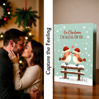 Carte Christmas Cute Romantic Love Birds in Falling Snow