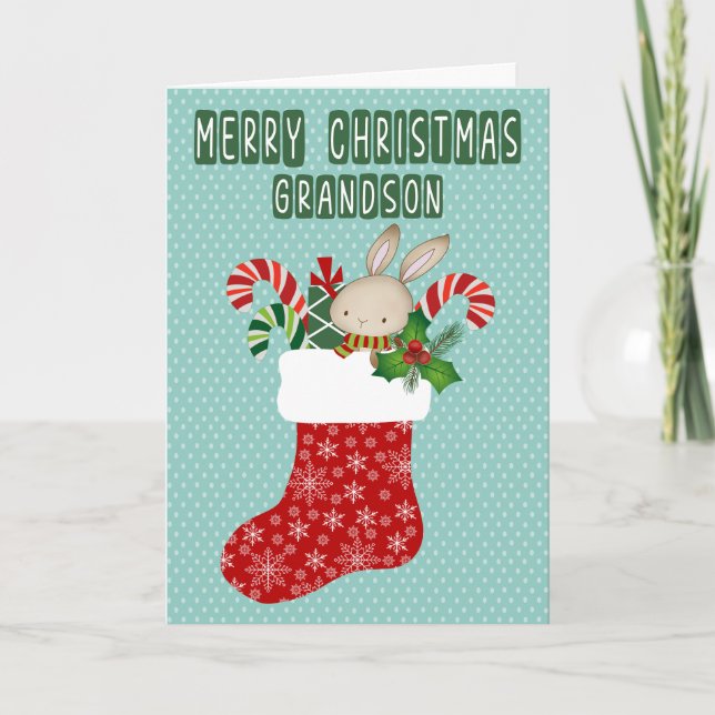 Carte Christmas for Grandson Stocking with Bunny (Devant)