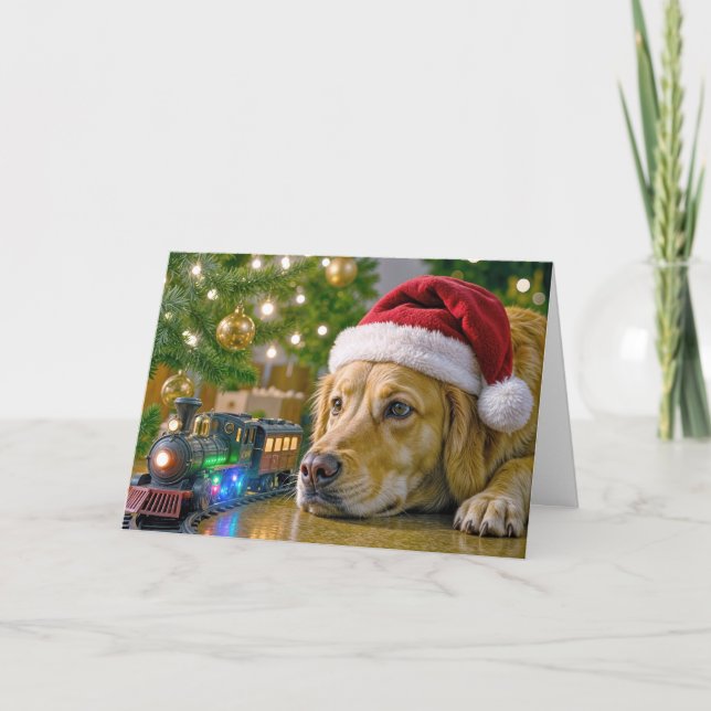 Carte Christmas Golden Retriever Watching a Toy Train (Devant)
