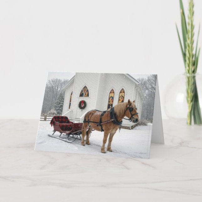 Carte Christmas Horse-Drawn Sleigh Waiting By a Chapel (Devant)