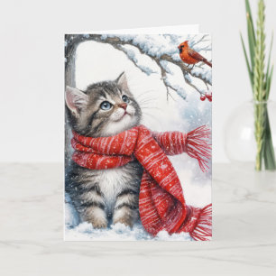 Carte Christmas Kitty Regarder un cardinal