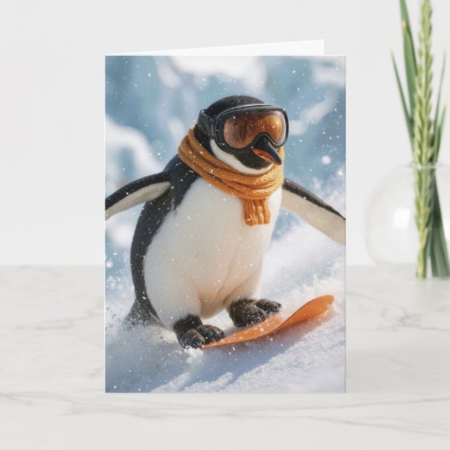 Carte Christmas Penguin Snowboarding Downhill (Devant)