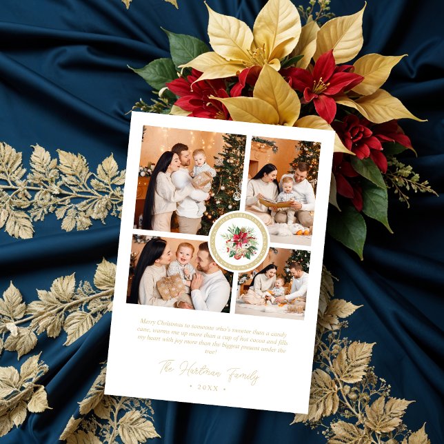 Carte Christmas Poinsettias Bouquet Classic 4 Photos (Stylish Classic Christmas Poinsettias Bouquet 4 Multi Photos Collage Holidays Cards.)