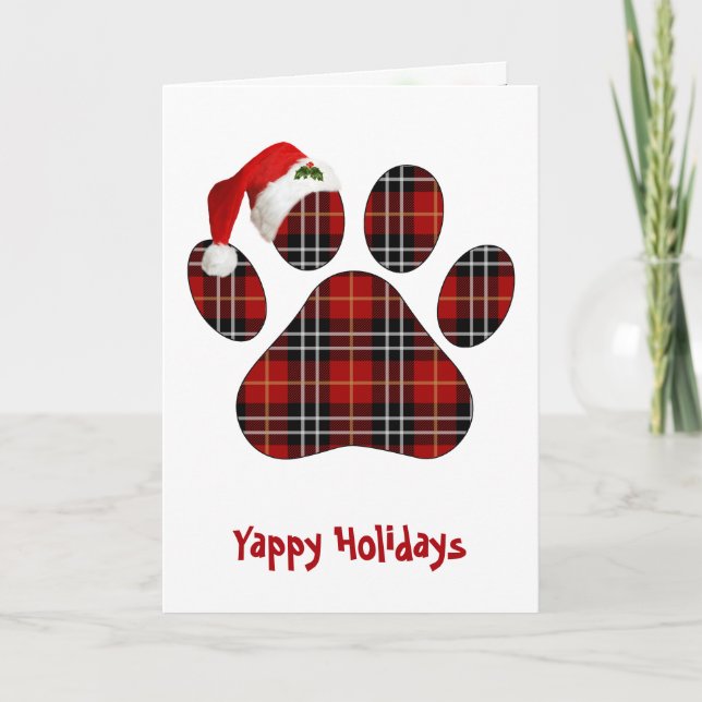 Carte Christmas Tartan Plaid Dog Paw Print and Hat (Devant)