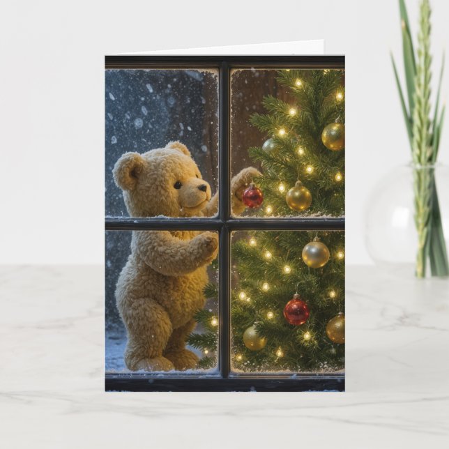 Carte Christmas Teddy Bear Decorating a Tree (Devant)