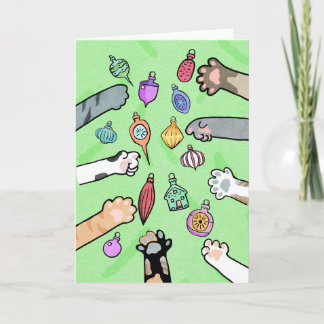 Carte Christmas Tree and Cat Paws with Ornaments Card