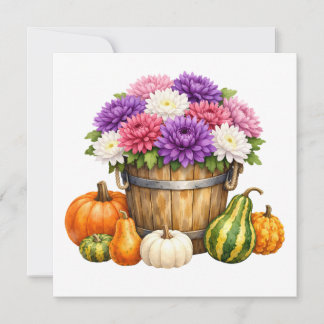 Carte Chrysanthème d'automne à l'aquarelle, citrouilles,