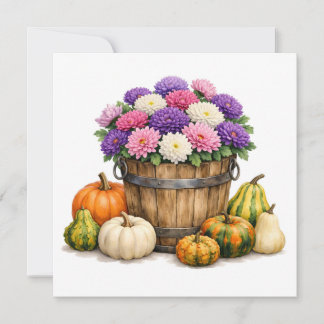 Carte Chrysanthème et citrouilles d'automne à l'aquarell