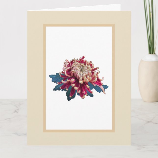 Carte Chrysanthème rouge et jaune illustration beige (Devant)