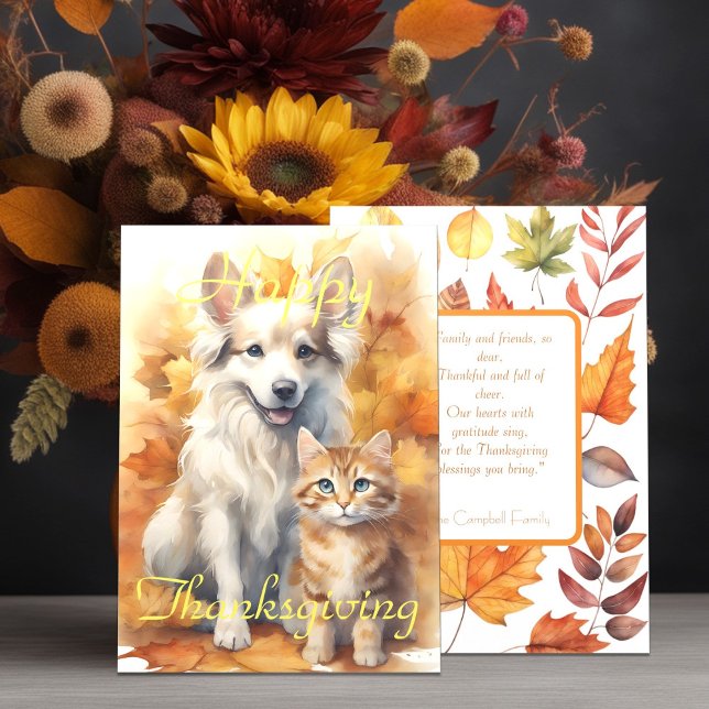 Carte Chute Blanc Collie Chien & Tabby Kitten Thanksgivi (Créateur téléchargé)