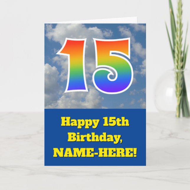 Carte Ciel bleu nuageux, Motif arc-en-ciel "15" Annivers (Devant)