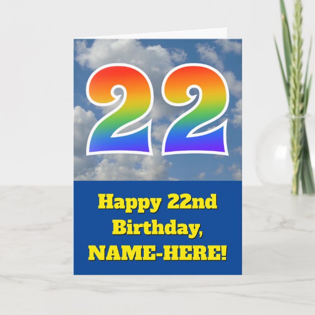 Carte Ciel bleu nuageux, Motif arc-en-ciel "22" Annivers (Devant)