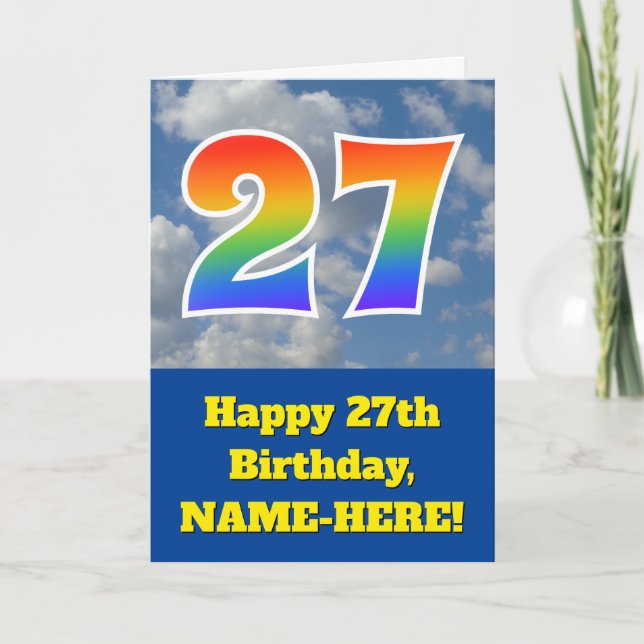 Carte Ciel bleu nuageux, Motif arc-en-ciel "27" Annivers (Devant)