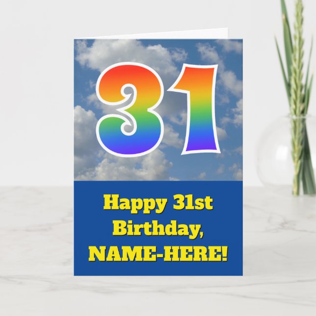 Carte Ciel bleu nuageux, Motif arc-en-ciel "31" Annivers (Devant)