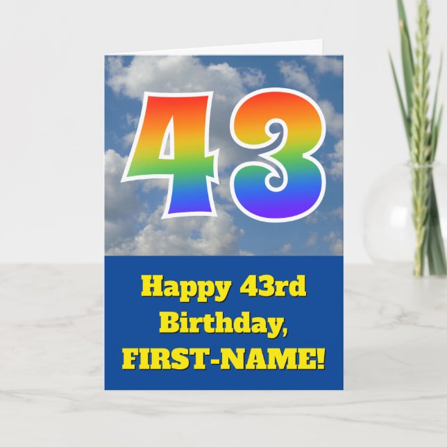 Carte Ciel bleu nuageux, Motif arc-en-ciel "43" Annivers (Devant)