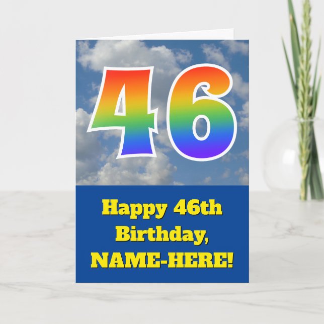 Carte Ciel bleu nuageux, Motif arc-en-ciel "46" Annivers (Devant)