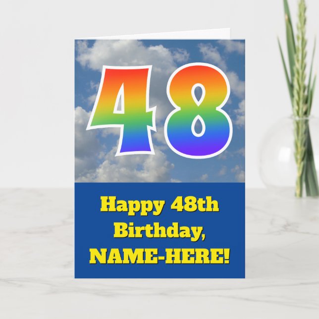 Carte Ciel bleu nuageux, Motif arc-en-ciel "48" Annivers (Devant)