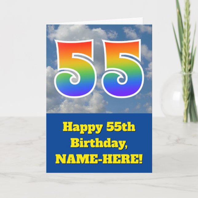 Carte Ciel bleu nuageux, Motif arc-en-ciel "55" Annivers (Devant)