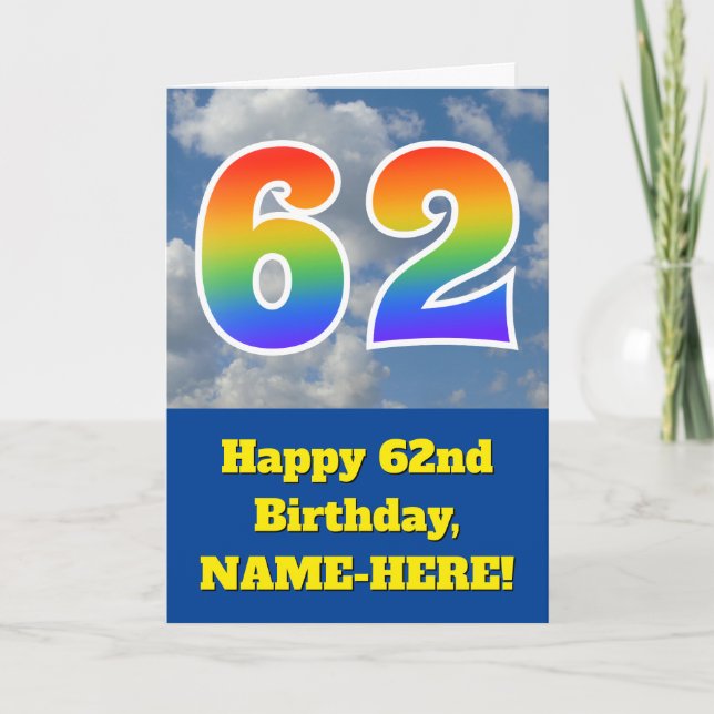 Carte Ciel bleu nuageux, Motif arc-en-ciel "62" Annivers (Devant)