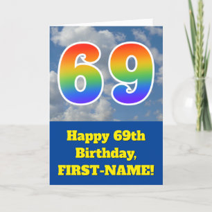 Carte Ciel bleu nuageux, Motif arc-en-ciel "69" Annivers
