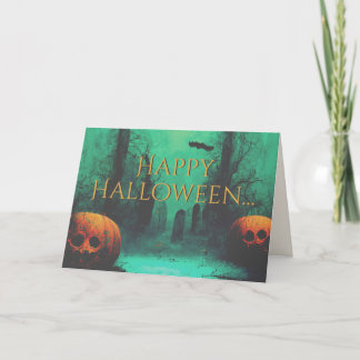 Carte Cimetière effrayant et citrouilles sculptées Hallo