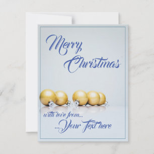 Carte Cinq boules de Noël dorées - écriture bleue