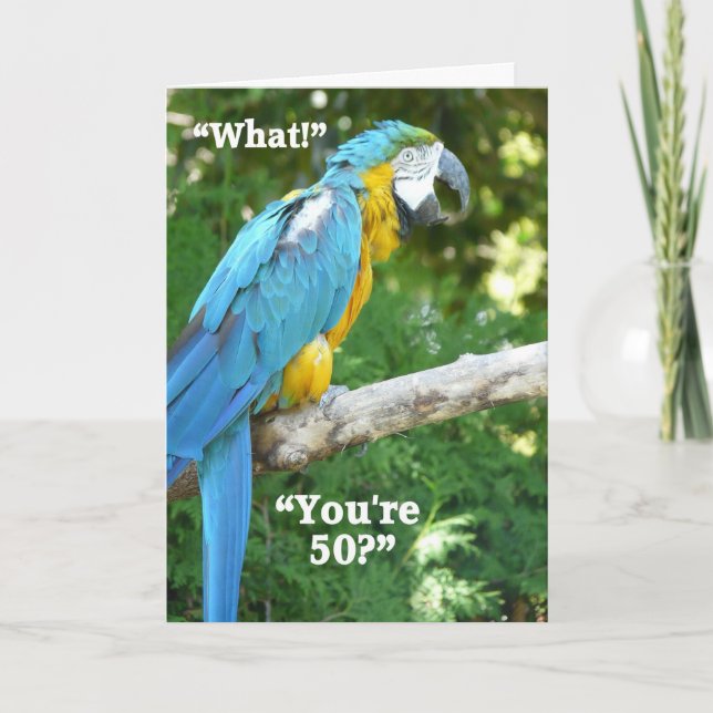 Carte cinquantième Perroquet Humour-Bleu d'anniversaire (Devant)