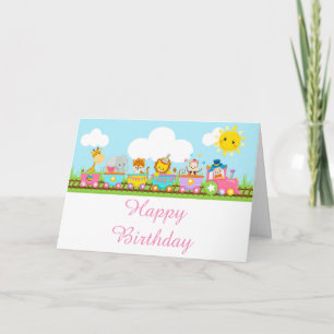 Carte Cirque Animaux Train Enfants Anniversaire Rose