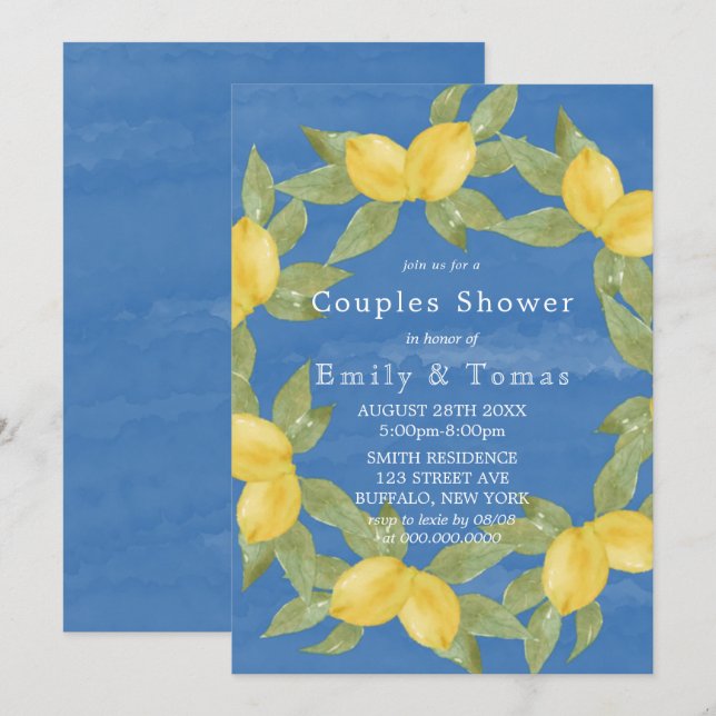 Carte Citrons jaunes et aquarelle bleu Couples Douche (Devant / Derrière)