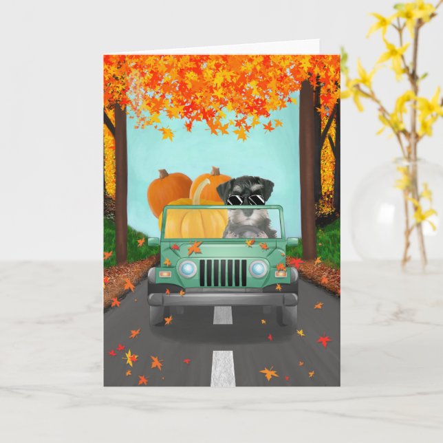 Carte Citrouille d'automne du chien Schnauzer miniature (Fleur jaune)